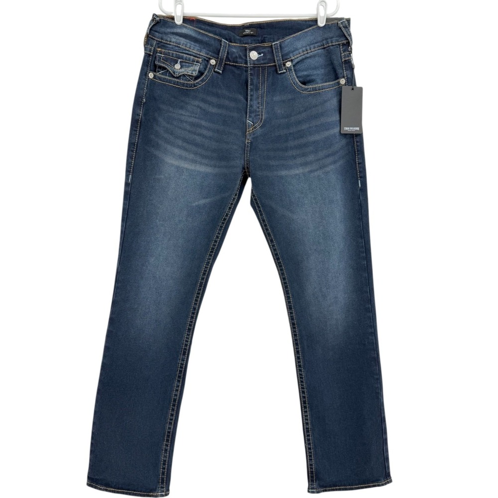 True Religion Men's Ricky Big T Flap Straight Denim Jeans Sz 36x34 Dark Blue NWT
